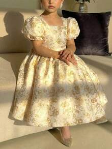 SHEIN Đầm thanh lịch tay phồng họa tiết hoa jacquard trang trí nơ cho bé gái - Rượu sâm banh - Xem 5