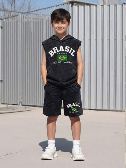 Fantacosmos 男童巴西印花连帽背心套装，休闲街头运动风夏季度假装扮