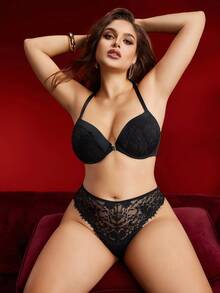 EmpressEnvy Plus Size Women Lace Patchwork Lingerie Set - Black - View 7