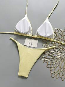 Swim Vcay Bộ bikini tam giác màu vàng, dây buộc cổ, họa tiết sao biển, 2 mảnh, thích hợp cho trang phục thường ngày và đi nghỉ mát. - Vàng nhạt - Xem 2