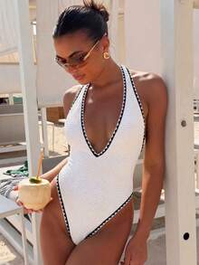 Bonvoyette Women's Deep V-Neck Backless One-Piece Swimsuit, Suitable For Beach & Holiday, Spring/Summer - White - View 1