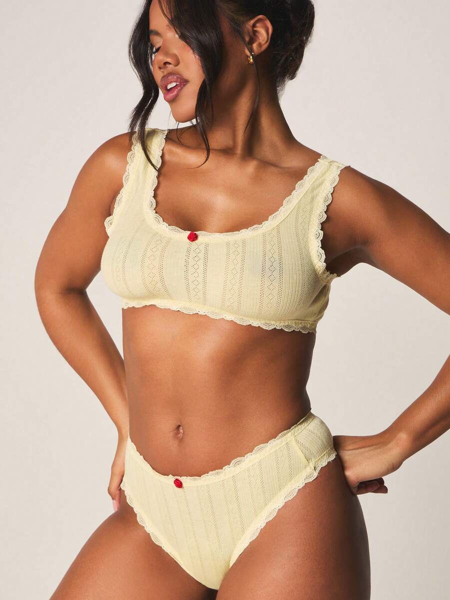 MISSGUIDED Pointelle Lace Trim Bralette And Brief Lingerie Set With Scalloped Edges And Small Bow Details - Yellow - View 1