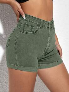 SHEIN ICON 女士纯色休闲牛仔短裤 - 軍綠色 - 查看 3