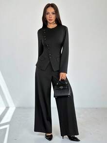 SHEIN PETITE 女士优雅通勤日常百搭街头时尚新款不对称翻领纽扣腰长袖西装外套搭配高腰长裤卡其灰色两件套套装，春夏皆宜，适合春夏季节穿着。 - 黑色 - 查看 1