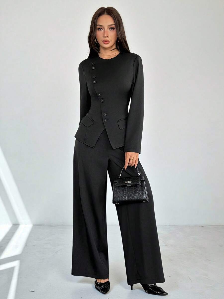 SHEIN PETITE 女士优雅通勤日常百搭街头时尚新款不对称翻领纽扣腰长袖西装外套搭配高腰长裤卡其灰色两件套套装，春夏皆宜，适合春夏季节穿着。 - 黑色 - 查看 1