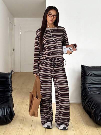 SHEIN PETITE Casual Striped Crew Neck Long Sleeve Top And Pants 2 Pieces Set, Spring And Summer Lounge Sets Plus Size Brown Sets, Summer And Summer Sets For Women Plus Size Pants Set