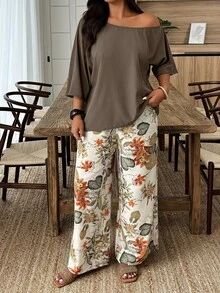 Weeklong Conjunto feminino plus size casual de férias com blusa folgada de gola assimétrica e calça pantalona com estampa floral, ideal para primavera/verão/outono. - Multicolorido - Ver 3