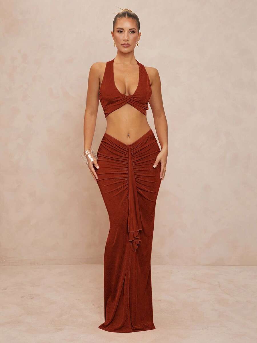 Lumalex Bộ 2 món đồ nữ dáng chữ U, dây xoắn, eo thấp, xếp ly, ôm sát cơ thể. - Rỉ Nâu - Xem 1