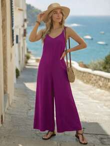 Faunlyn Women's Summer Wide Leg Jumpsuit With Pockets, Fashionable And Casual For Holidays Spring Clothes - Violet Purple - View 6