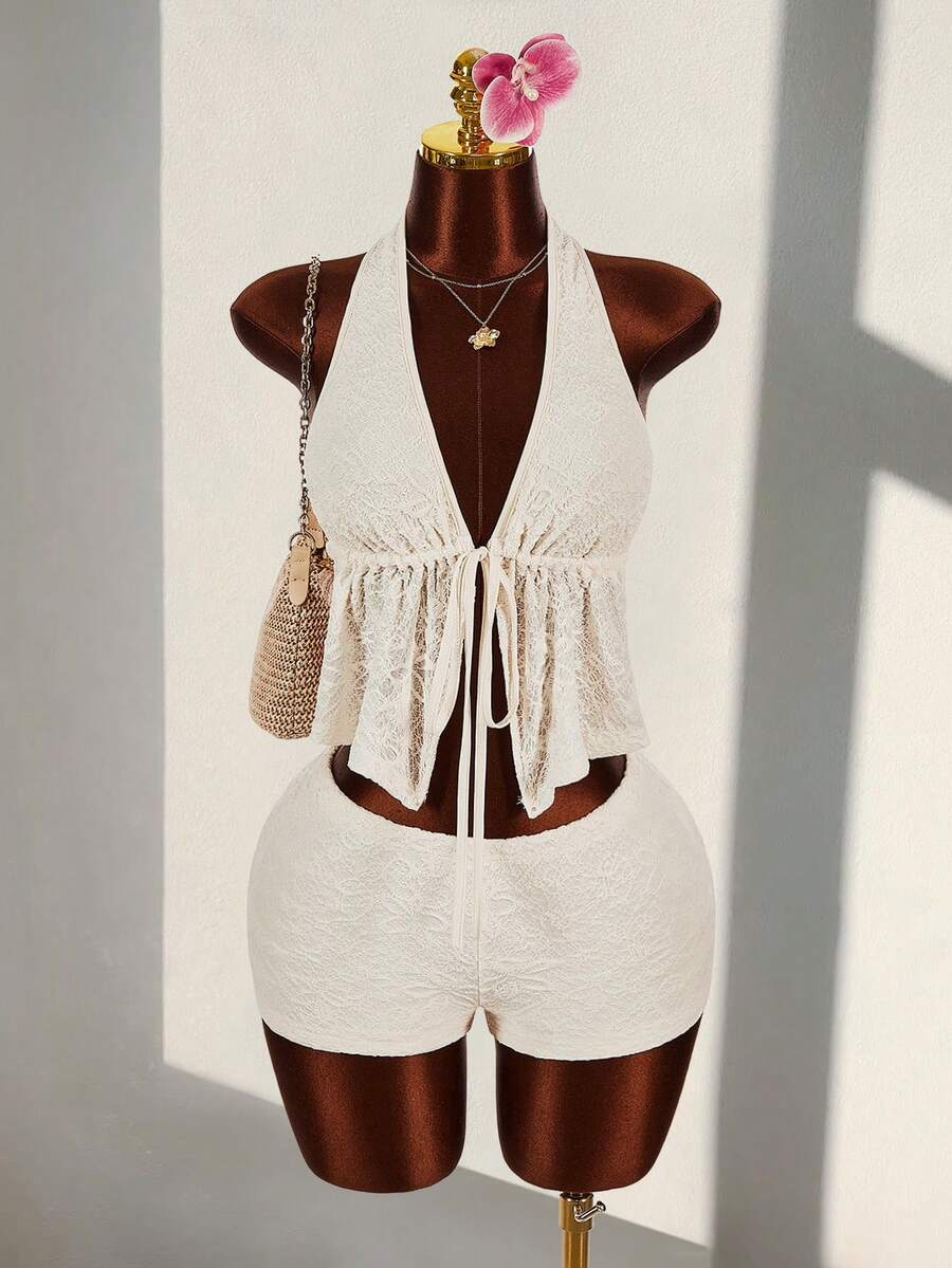 Amplova Deep V-Neck Halter Tie-Up Super Low Waist Striped Mini Shorts 2 Pieces Set - White - View 1