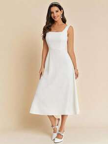 Amorya Women's Solid Color Square Neck Sleeveless Simple Design Elegant Dress ,Summer Dress,Elegant Dress - White - View 6