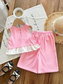 SHEIN LMoss Kids 女婴3D蝴蝶结装饰无袖上衣+七分裤两件套，时尚可爱，适合日常穿着、度假和外出，春夏新款 - 粉色 - 查看 2