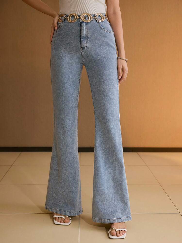 WOMEN'S FASHION CASUAL SIMPLE SOLID COLOR FLARED JEANS WITH BELT