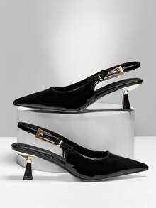 SHUZIA Women's Glossy Pat Black Pointed Toe Metal-Plated Kitten-Heel Signature Buckle Slingback Pumps–Desinger-Inspired,Chic&Comfortable - Black - View 4