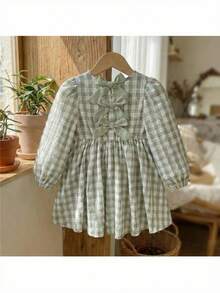 Loomiva Baby Girl Colorblock Bow Plaid Round Neck Long Sleeve Waist Cinched Dress, Versatile & Comfortable, Baby Girl - Green - View 9