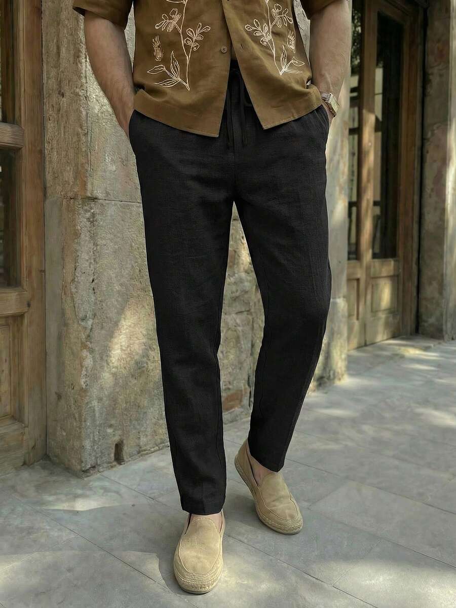 Manfinity BRENVOR Men Solid Drawstring Waist Pants Men Linen Pantsdrawstring Pantslinen Pants Men, Fall - Black - View 1