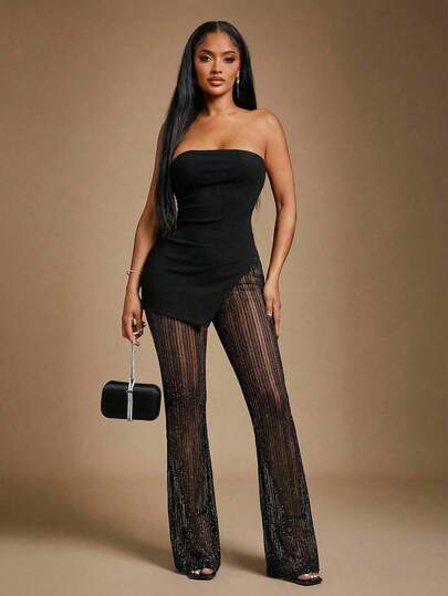 Radiana 大码女士性感优雅黑色蕾丝两件套，包含加厚罗纹抹胸上衣和蕾丝喇叭裤，高弹面料勾勒身形，适合约会、聚会、派对、夜店、夜生活等场合。网纱两件套黑色蕾丝