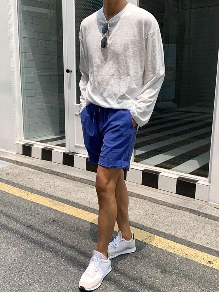 Men's White Long Sleeve T-Shirt And Shorts Set, Spring/Summer