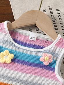 SHEIN Bộ đồ hè 2 món cho bé gái: Áo dệt kim không tay với họa tiết hoa 3D và sọc cầu vồng, kết hợp với quần short ống rộng thoải mái. - Nhiều màu - Xem 3
