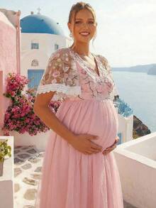 Loomaby Elegant Floral Embroidery Patchwork Baby Pink Maternity Dress For Baby Shower,Pregnant Women Summer Spring Break Outfits,Gender Reveal Party Dress - Pink - View 13