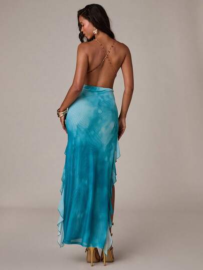 SHEIN BAE Women's Pearl Chain Decor Solid Blue Backless Spaghetti Strap Bodycon Maxi Dress, Elegant Beach Vacation Dress, Backless Long Dress, Spring/Summer, Bohemian Style, Bodycon Maxi Dress, Ombre Blue Long Dress