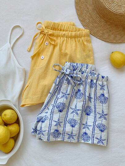 Comfortcana 2pcs Women's  Cotton Drawstring Waist Casual Versatile Daily Wear Shorts Women's Vacation Wear, American Casual, Valentine's Day, Carnival, Home Leisure, Beach, Holiday Summer Outfits For Women Spring Spring Break Outfits   Spring Clothes Women  Vacation Graduation  Women  Wedding   Party  Ceremony  Elegant  Vacation Outfits Casual Casual Women's Outfits  Beach Vacation Outfits For Women Summer Vacation Outfits  Yellow And Blue  Starfish Shell Pattern Graphic Soft And Skin-Friendly Elegant And Cute Sexy Girly    Vacation Shorts