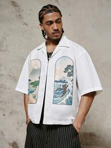 PAVTROS Men's Graphic Print Button Front Casual Versatile Short Sleeve Shirt - White - View 3