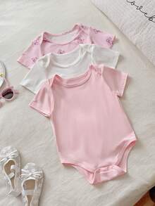 SHEIN 3件套女婴夏季新款信封领短袖荷叶边下摆开裆蝴蝶结印花/全身蝴蝶结印花/纯粉色简约百搭可爱连体衣 - 彩色 - 查看 3