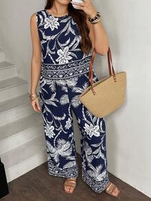 SHEIN LUNE Conjunto informal de top y pantalones de talla grande - Azul Marino - Ver 8