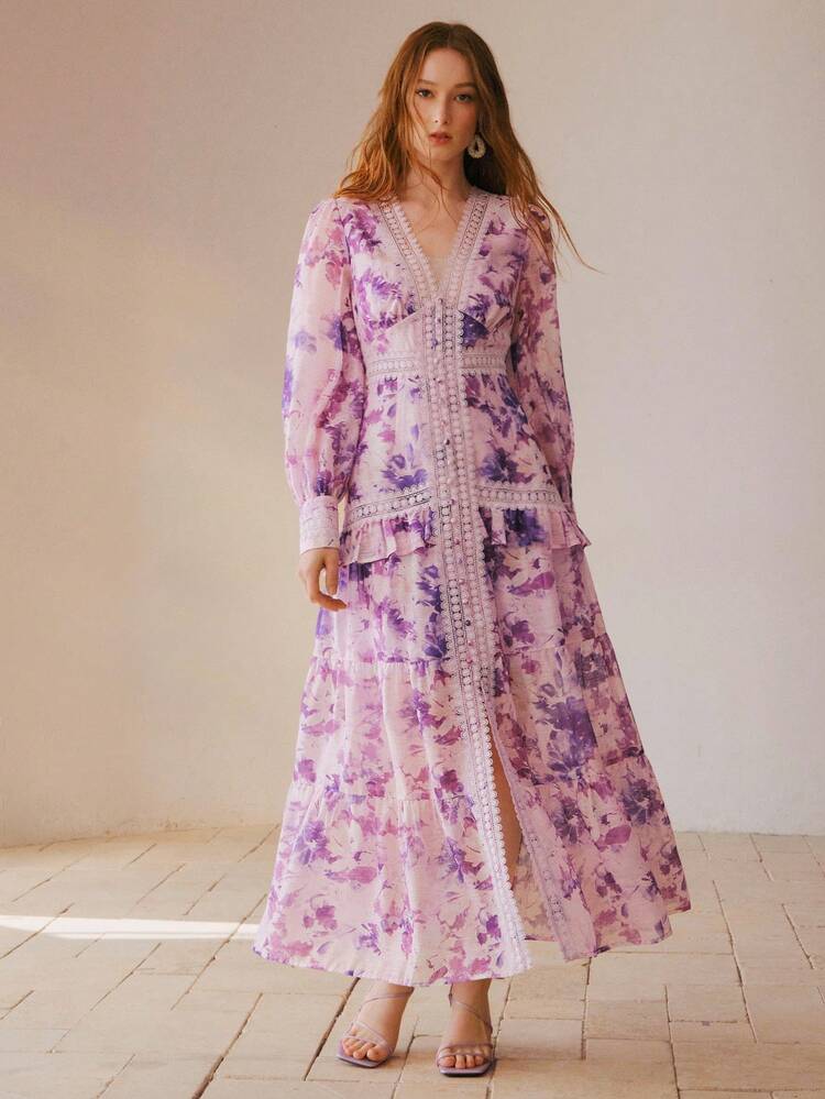 Damen Kleid mit floraler Patchwork-Taille und V-Ausschnitt