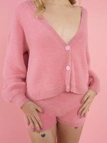 OverBlushhh Women's Pink Soft Fluffy Cardigan Long Sleeve Button Front V Neck Loose Fit Cozy Warm, Casual Knit Top For Daily Wear, Homewear, Loungewear, Valentine, Winter, Spring - Pink - View 4