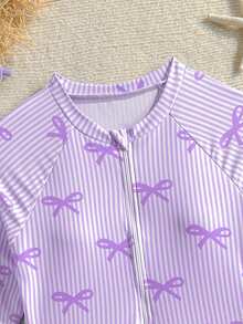 SHEIN Sparklyn Tween Girls One-Piece Swimsuit, Purple, Easy To Wear, Children's One-Piece Raglan Long Sleeve Zipper Skirt Swimsuit, Fashion Casual Elegant Suitable For Swimming, Vacation, Summer (Random Print) Long Sleeve Swimsuit Girls Girls Lavender Swimsuits Girls Bathing Suits With Rash Guard Kids Purple Swim Cover Up Little Girl Purple Bathing Suit Little Girl Purple Bathing Suits - Purple - View 4