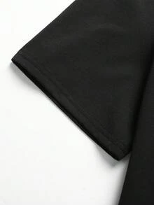 SHEIN 少女休闲日常黑色针织数字67印花圆领宽松落肩褶皱简约套头卫衣和短裤两件套 - 黑色 - 查看 4