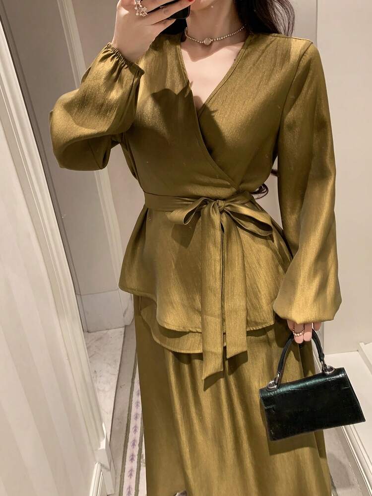 Women's Solid Color Twist Waist Design Long Sleeve Top And Skirt 2-Piece Set, Fashionable For Party And Outings