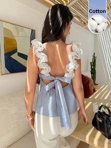 Serisse 2025秋冬优雅荷叶边条纹吊带背心，女士荷叶边拼接露背系带时尚上衣，蓝白条纹露背蝴蝶结上衣，女士办公上衣，适合工作和通勤，春秋季，优雅衬衫，端庄衬衫，商务休闲 - 藍白色 - 查看 1