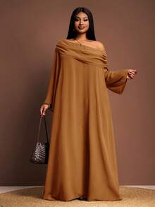 Veslaya 2025秋冬新款优雅咖啡棕色宽松肩领长袖A字连衣裙，适合派对、约会、毕业典礼、婚礼、生日、情人节、聚会、鸡尾酒会等场合。 - 摩卡棕 - 查看 6