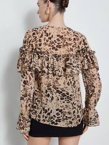 Aveloria Modichic Beige Leopard Print Chiffon Blouse,Elegant Pleated And Ruffle Trim,Bohemian Style Animal Top For Autumn,Party Night,Casual & Fashionable Street Wear - Multicolor - View 2