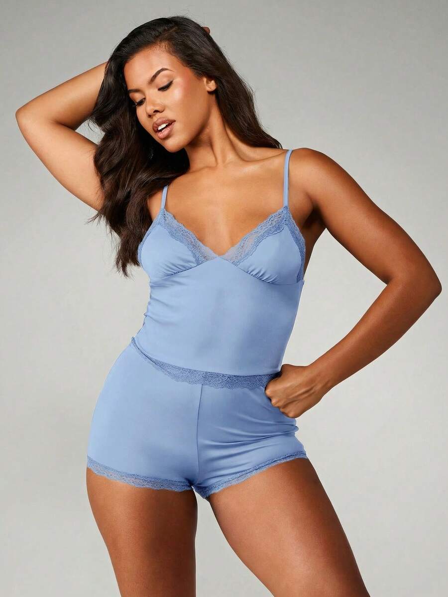 MISSGUIDED 女士蕾丝边吊带短睡衣套装，家居服舒适睡衣，居家休闲服。 - 淺藍色 - 查看 1