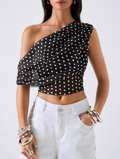 LYSMO Plus Size Women Polka Dot Asymmetrical Shoulder Casual Versatile Daily Wear Top