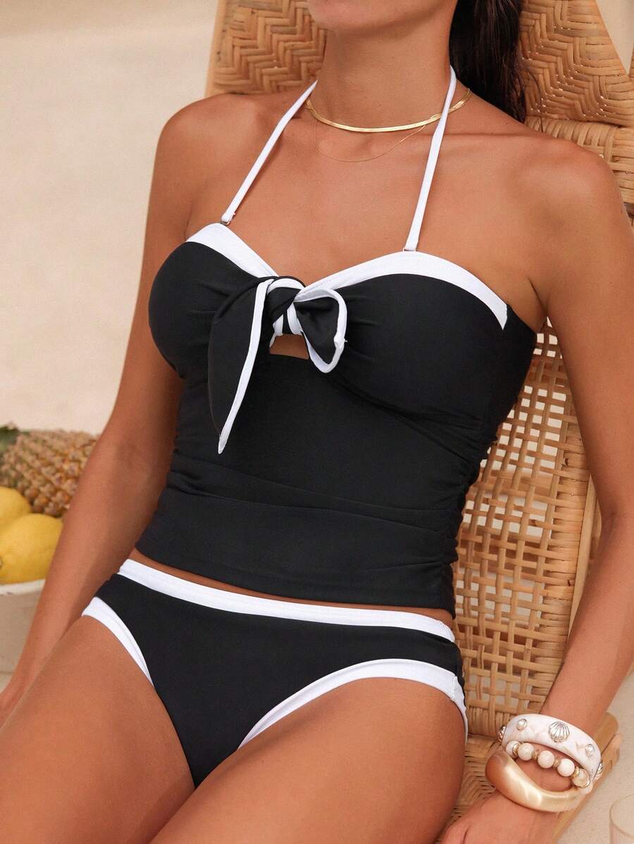 Swim Chiccia Swim Chic Sea Plain Swimwear For Women, Bow Accent Contrast Color With Detachable Halter Strap - Black and White - View 1