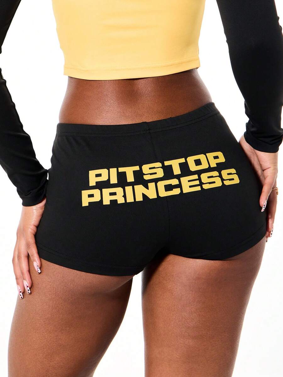 SUMWON WOMEN Pitstop 公主文字印花高腰及膝运动短裤，撞色图案设计，适合夏季节日休闲穿着。 - 黑色 - 查看 1