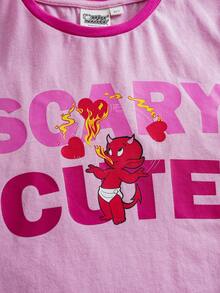 SHEIN HOT STUFF Tween Girl Casual Everyday Commute Cartoon Letter Print Ringer Crop Tee, Summer - Hot Pink - View 7