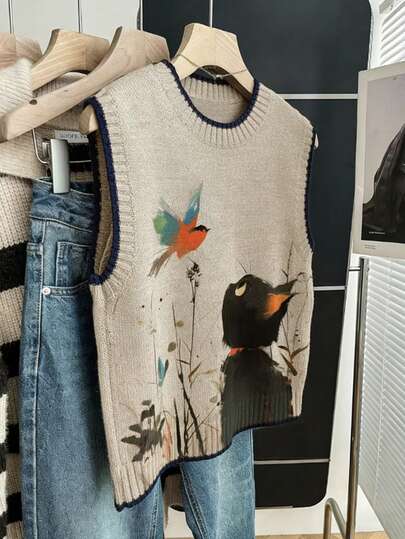 GlowEve CURVE 2026 大码女式时尚休闲简约百搭圆领撞色小猫印花卡其色毛衣背心，日常穿着完美之选