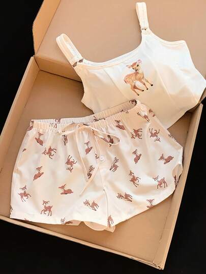 Comfortcana 2026 New Arrival Spring/Summer  Cute Deer Print Elastic Waist Drawstring Casual Comfortable Lounge Shorts Summer Outfits For Women Spring Clothes Women Beach Outfits For Women Going Out Outfits Spring Outfit  Vacation Outfits Women