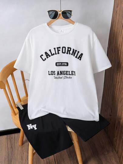 SHEIN 2pcs/Set Teen Boy Casual Minimalist City Name Print Crew Neck Short Sleeve T-Shirt And Shorts, Summer Set Suitable For Spring/Summer , Daily Wear, Sports, Outings, School, Parties, Festivals, Photoshoots