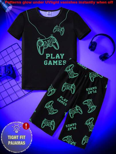 1Set Tween Boys Glow-In-The-Dark Video Game Print Knit Snug Fit Short Sleeve Top And Matching Allover Print Shorts Pajama Set