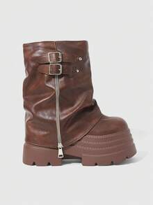 ROMWE Grunge Punk Women's Dark Rock Punk Goth Boots, Pointed Toe Ankle Boots, Wedge Heel Thick Sole Buckle Strap Riding Boots, Ankle Boots And Short Boots - Brown - View 3