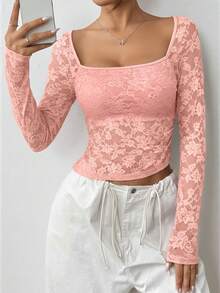 SHEIN EZwear 时尚性感方领长袖珊瑚粉蕾丝女式衬衫，春夏款 - 珊瑚粉 - 查看 5