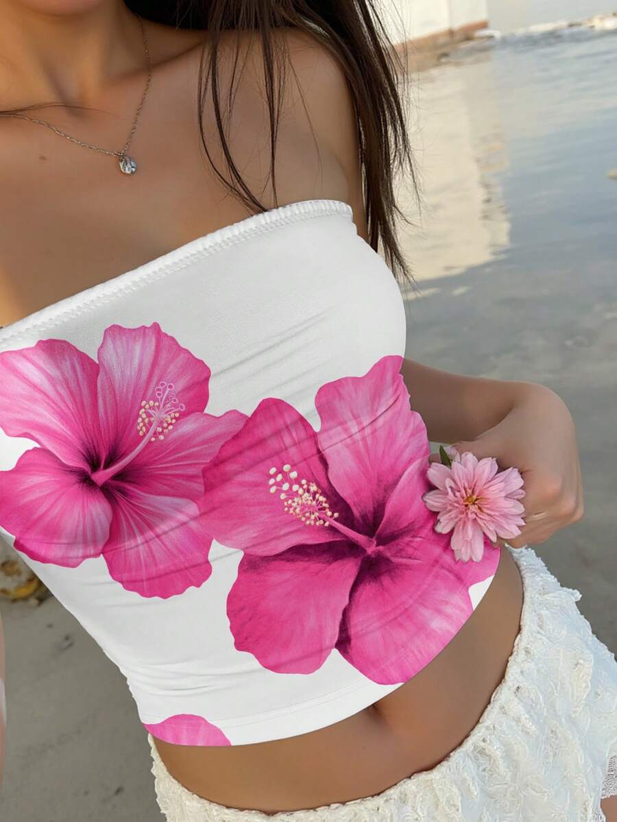 Aloruh Áo croptop quây in hoa dáng rộng thoải mái dành cho nữ, thích hợp cho mùa hè. - Nhiều màu - Xem 1