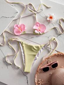 Swim Mod Bộ bikini gợi cảm màu trơn dành cho nữ, kiểu buộc dây cổ, đính hạt cườm và trang trí ngọc trai, thích hợp cho kỳ nghỉ biển. - Màu vàng ngỗng - Xem 3